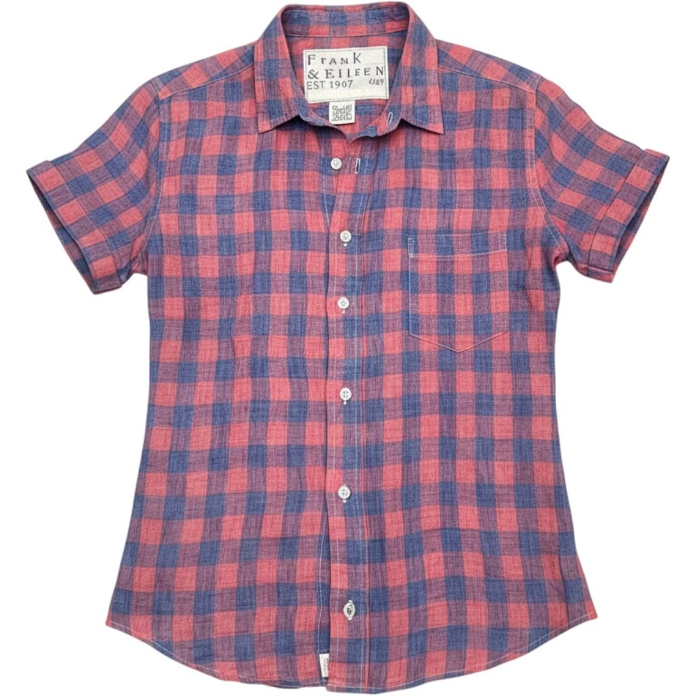 Frank & Eileen XS Red Blue Gingham Linen Short Sleeve Button Up Shirt